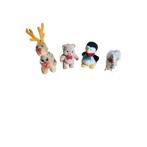 Vintage Soft Fuzzy Rudolph & 3 Friends Ornaments-Lot of 4 Christmas Holiday